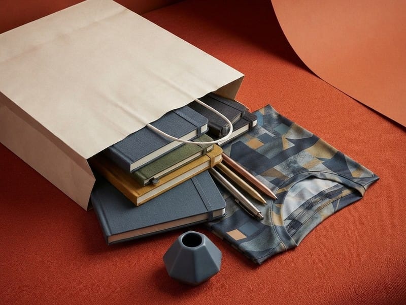 A paper shopping bag resting on an orange surface with several hardcover notebooks, pens, a geometric-patterned t-shirt, and a small geometric vase.