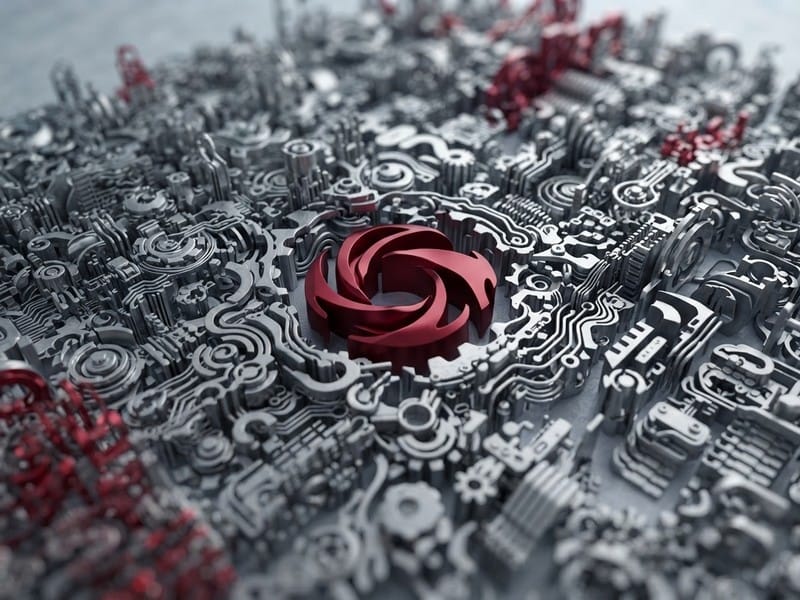 A dense mechanical surface made of intricate metallic gears, pipes, and circuits, centered around a circular red swirling emblem.