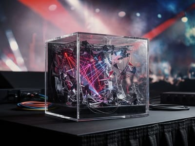 A miniature concert stage with lights and scaffolding enclosed inside a transparent acrylic cube placed on a black surface.
