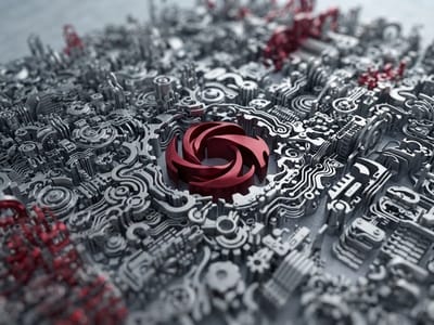 A dense mechanical surface made of intricate metallic gears, pipes, and circuits, centered around a circular red swirling emblem.